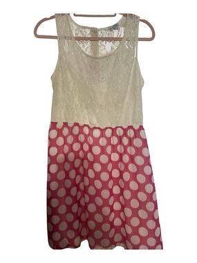NWT Speechless Cream Lace Top Pink Polka Dot Mini Dress buttons on back L